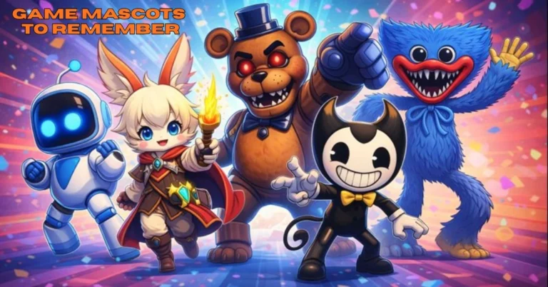 Lineup of popular video game mascots from online multiplayer and adventure games in a colorful illustration